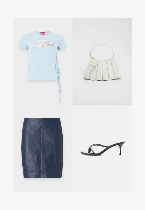 Lichtblauwe T-shirt met korte mouwen en een ronde hals, zijstrikjes en een grafische print met de tekst "www.diesel.com" in zilver.; Minirok van navyblauw leer met een gladde textuur, rechte snit en minimale stikdetails aan de zijkanten.; Zwarte laklederen sandaal met hakken, dunne gekruiste bandjes en een slanke, middelhoog stilettohak op een witte achtergrond.; Lacoste LENGLEN BAG - Handtas - cristalline