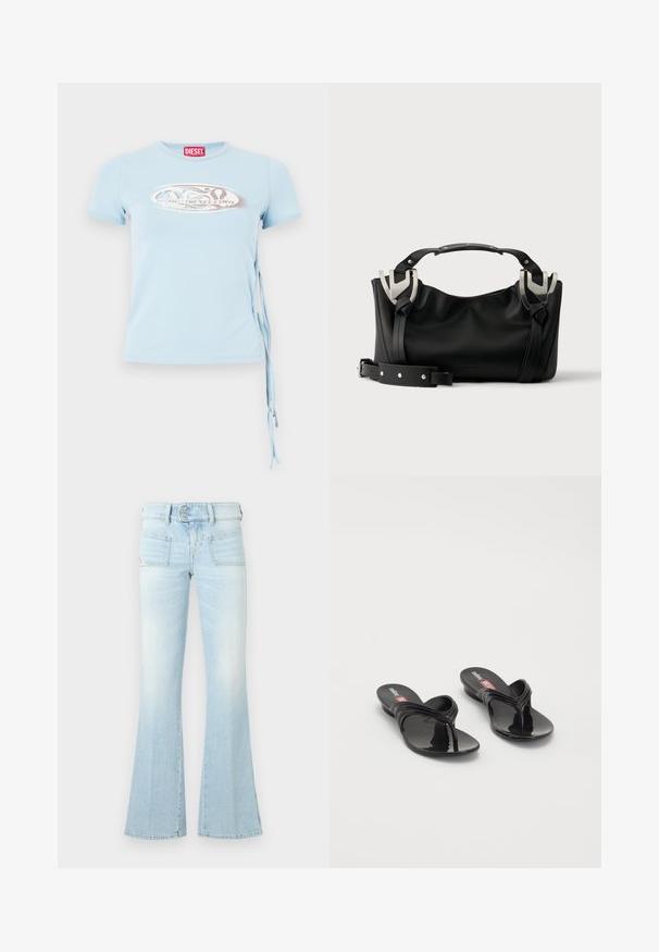 Svetlomodré tričko s krátkymi rukávmi, okrúhlym výstrihom a viazaním na bokoch, s grafickým potlačou obsahujúcou text "www.diesel.com" v striebornej farbe.; Svetlomodré rozšírené džínsy z vyblednutého denimu s dvoma prednými vreckami, zapínaním na gombík a kontrastným prešívaním. Hladká textúra.; Melissa QUANTUM THONG X DIESEL - Sandále T-bar - black; Čierna kabelka so striebornými sponami, krátkou rukoväťou a odnímateľným ramenným popruhom umiestnená na bielom povrchu.
