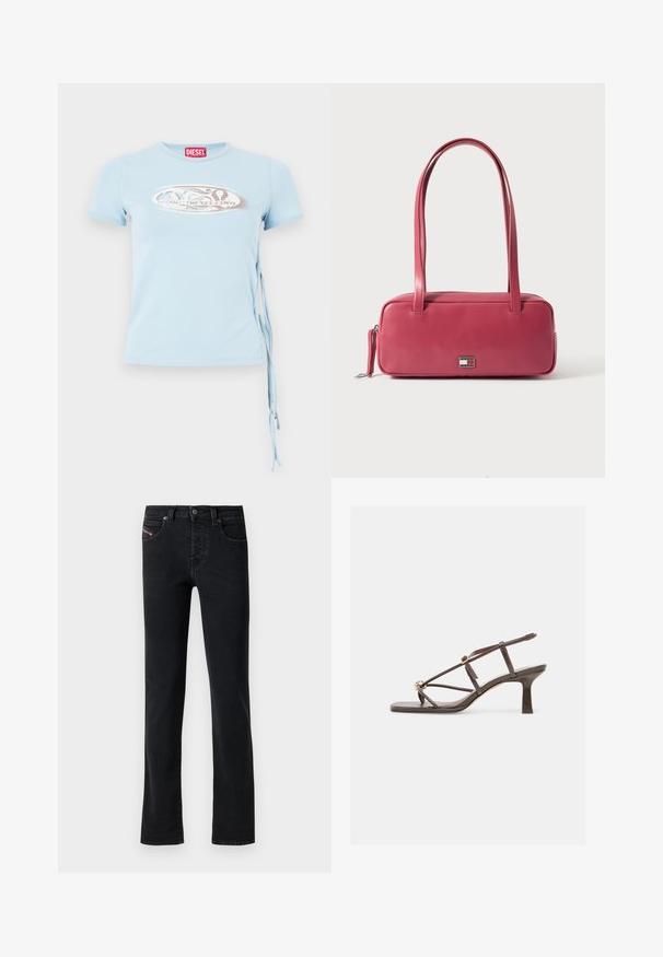 Lys blå kortærmet T-shirt med rund halsudskæring, sidebindinger og et grafisk print med teksten "www.diesel.com" i sølv.; Sort denim jeans med lige snit, som har fem lommer og subtile syninger. Stoffet har en glat tekstur og minimal falmen.; Brun læder sandal med remme, firkantet tå, mellemhøj blokhæl og justerbar ankelrem med guldbeslag.; Lyserød læderhåndtaske med rektangulær form, dobbelte håndtag og en lille metalemblem på fronten, med en glat, blank tekstur.