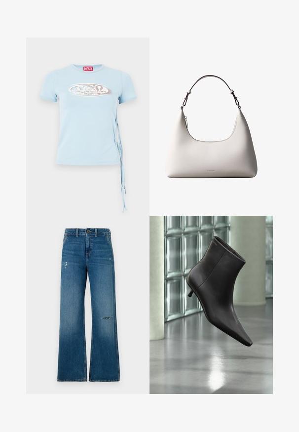 Camiseta de manga corta azul claro con cuello redondo, lazos en los laterales y una estampación gráfica que presenta el texto "www.diesel.com" en color plata.; Jeans de mezclilla azul de piernas anchas con una textura desgastada, que presentan dos áreas desgastadas en la parte frontal, un cierre de botón y diseño de cinco bolsillos.; Bota de cuero negro para el tobillo con puntera puntiaguda y tacón pequeño, exhibida frente a una pared de bloques de vidrio y un suelo pulido.; Bolso de hombro de cuero color crema de Calvin Klein con borde superior curvado, cremallera plateada y correa ajustable marrón oscuro.