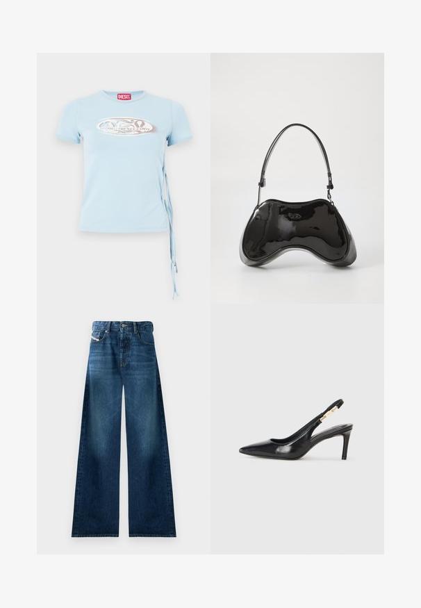Lys blå kortærmet T-shirt med rund halsudskæring, sidebindinger og et grafisk print med teksten "www.diesel.com" i sølv.; Bredde denimjeans i mørk vask. Har traditionelt fem-lomme design, knappelukning og let falmning på lårerne.; Sort læder slingback højhælede sko med spidse tæer, glat overflade og en smal ankelrem med guldfarvede hardware detaljer.; Sort patentlæder håndtaske med en unik buet form, kort justerbar hank og en lynlåslukning i toppen. Glat tekstur med diskret branding.