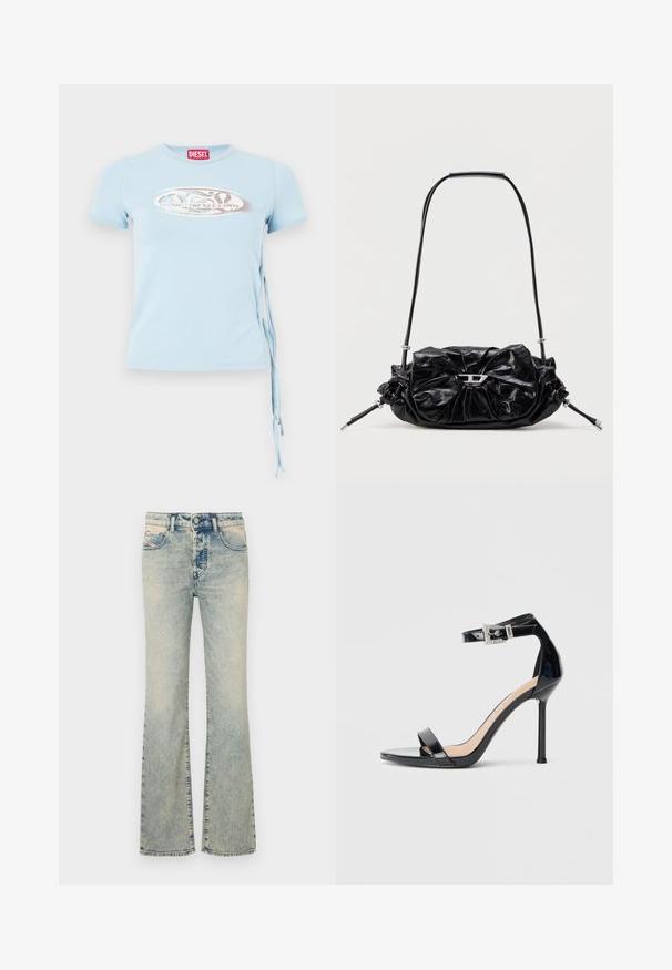 Lys blå kortærmet T-shirt med rund halsudskæring, sidebindinger og et grafisk print med teksten "www.diesel.com" i sølv.; Lysblå flared jeans lavet af denim, med en fem-lomme design, syninger detaljer og en almindelig talje med en knaplukning.; Sort højhælet sandal i laklæder med ankelrem. Har minimalistisk design, åben tå og spænde med rhinsten-detaljer.; Sort læderhåndtaske med et opsamlet design og sløjfedetalje foran. Har en kort hank og sølvfarvede hardware-accenter.