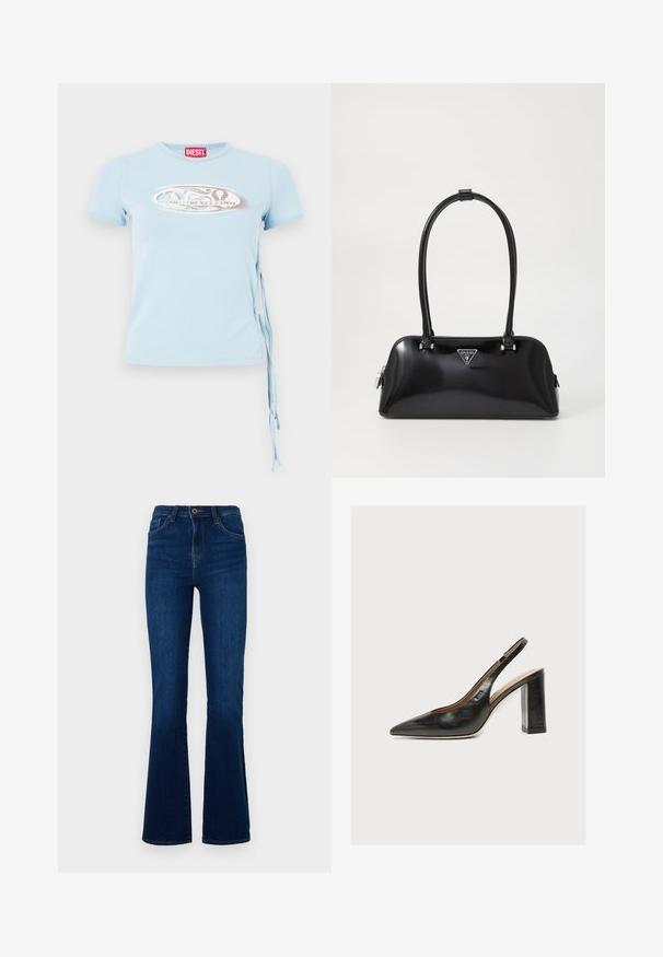 Lichtblauwe T-shirt met korte mouwen en een ronde hals, zijstrikjes en een grafische print met de tekst "www.diesel.com" in zilver.; Donkerblauwe flared jeans van denim met een hoge taille, voorzien van voorzakken, een ritssluiting en subtiele stikseldetails.; Zwarte leren dames slingbackpumps met spitse neus en dikke hoge blokhak op witte achtergrond.; Zwarte glanzende handtas met een gebogen silhouet, twee handvatten en een logo plaatje aan de voorkant. Ritssluiting en glanzende hardware accenten.