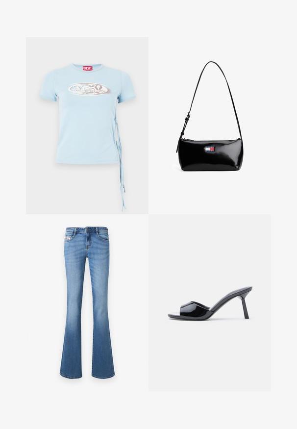 Camiseta de manga corta azul claro con cuello redondo, lazos en los laterales y una estampación gráfica que presenta el texto "www.diesel.com" en color plata.; Vaqueros acampanados de mezclilla azul claro con cintura de subida media, cinco bolsillos y un sutil desgaste a lo largo de las piernas. Presenta una etiqueta con logo cosida.; Sandalias de tacón con punta abierta de charol negro, con un diseño superior curvado y tacón de aguja cónico. Acabado liso y brillante.; Bolso de hombro de charol negro con una correa curva, cierre de cremallera y un parche de logo rectangular en rojo, blanco y azul.