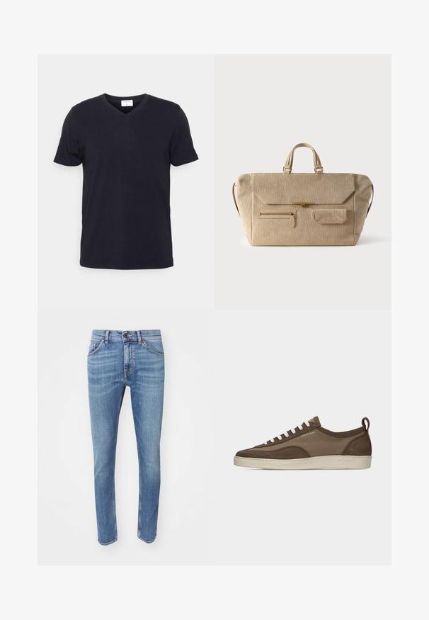Sort v-hals t-shirt lavet af bomuld, med korte ærmer og en afslappet pasform. Enkel design, uden mønstre eller yderligere accenter.; Blå denim jeans med slim fit, fem-lommers design og subtile whiskering-detaljer. Har en knaplukning og kontrastsyninger.; Lavprofileret brun sneaker med hvide snørebånd, beige sål, stof og ruskindsoverdel, side pull-tab og "Tiger of Sweden" logo i guldtekst.; Beige fløjlsbukse-weekendtaske med dobbelte håndtag, klaplås, frontlomme med lynlås og lille klaplomme på hvid baggrund.
