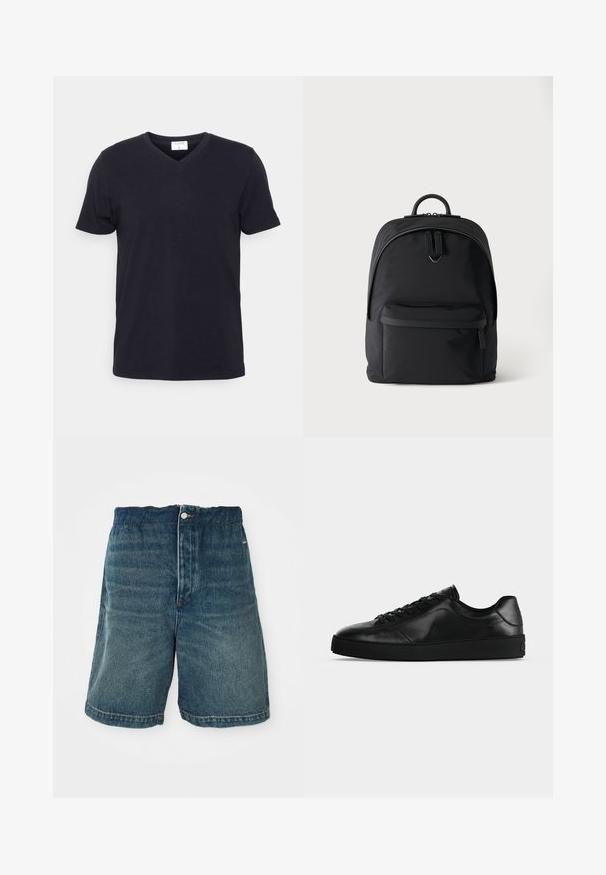 Schwarzes V-Ausschnitt-T-Shirt aus Baumwolle, mit kurzen Ärmeln und lockerer Passform. Einfaches Design, keine Muster oder zusätzlichen Akzente.; Dunkelblaue Denim-Shorts mit lockerer Passform, Knopfverschlüsse und sichtbaren Nähten an Saum und Taschen.; Niedrig geschnittener schwarzer Ledersneaker mit Schnürung vorne und strukturierter flacher Sohle, seitlich auf neutralem Hintergrund gezeigt.; Schwarzer Rucksack mit einer vorderen Reißverschlusstasche, einem Hauptfach mit Doppelreißverschluss und einem kleinen Metalllogo unter den Hauptreißverschlussgriffen.