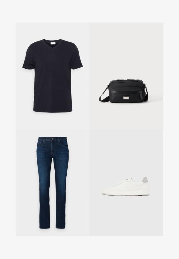 Sort v-hals t-shirt lavet af bomuld, med korte ærmer og en afslappet pasform. Enkel design, uden mønstre eller yderligere accenter.; Mørkeblå denimjeans med lige ben, der har standard knap- og lynlåslukning, fem lommer og let lysning.; Hvid lavtop-sneaker med gråt hælflig, hvide snørebånd og tekstureret sål, vist på en ensfarvet lys baggrund.; Sort rektangulær crossbody-taske med front lynlåslomme, justerbar rem og sølv rektangulært logo mærke på ensfarvet baggrund.