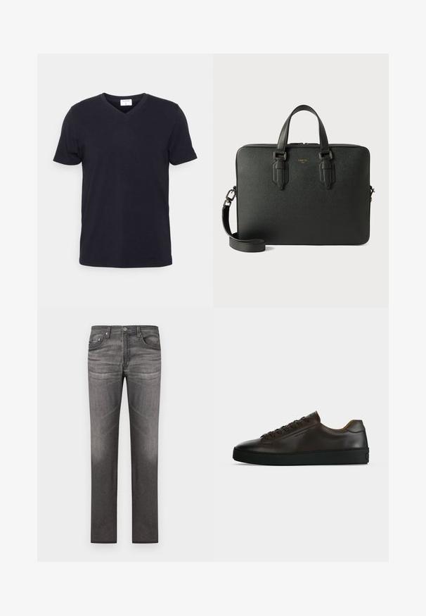 T-shirt noir à col en V en coton, doté de manches courtes et d'une coupe décontractée. Design simple, sans motifs ni accents supplémentaires.; Jean en denim gris foncé avec une coupe droite, cinq poches, délavage subtil et détails de couture le long des coutures.; Baskets basses en cuir marron foncé avec semelle en caoutchouc noire, lacets à l'avant et design minimaliste épuré sur fond clair.; Serviette en cuir noir avec surface texturée, doubles poignées supérieures, bandoulière amovible et logo discret. Design rectangulaire élégant.