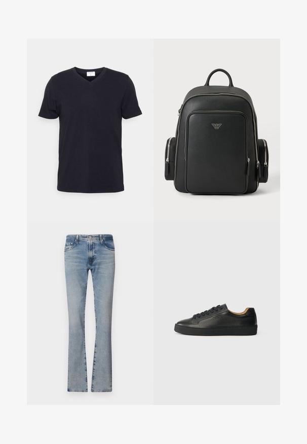 Schwarzes V-Ausschnitt-T-Shirt aus Baumwolle, mit kurzen Ärmeln und lockerer Passform. Einfaches Design, keine Muster oder zusätzlichen Akzente.; Hellblaue, ausgestellte Jeans aus Denim mit mittelhohem Bund, fünf Taschen und einem verblassten Finish, ausgestattet mit einem Reißverschluss und einem Metallknopfverschluss.; Schwarze, niedrig geschnittene Ledersneaker mit strukturierter Oberfläche, schwarzen Schnürsenkeln und dicker Gummisohle, seitlich auf einem hellen Hintergrund dargestellt.; Schwarzer Rucksack mit silbernen Reißverschlüssen, Front- und Seitentaschen sowie einem kleinen silbernen Armani-Adler-Logo auf der Vorderseite mittig.