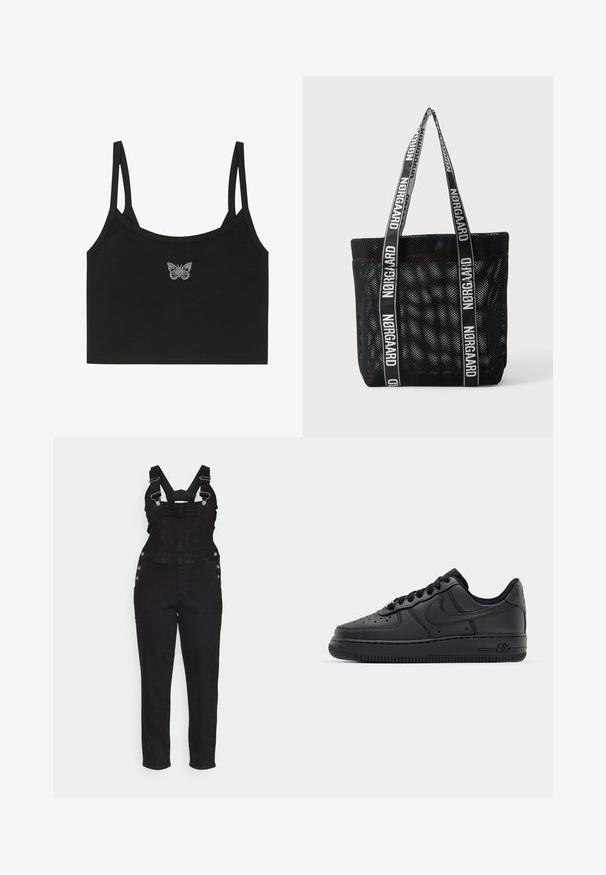 Even&Odd Débardeur - black; Salopette en denim noir avec bretelles ajustables, boutons latéraux et jambes fuselées. La partie supérieure présente une poche avant et un design classique.; Baskets en cuir noir avec boîte à orteils perforée, lacets plats et semelle en caoutchouc. Présente un petit logo sur le côté et des détails texturés.; Sac cabas en mesh noir avec de longues anses présentant le texte de marque blanc « NØRGAARD » le long des sangles, sur un fond blanc uni.