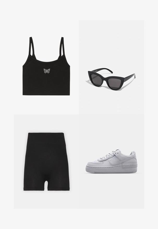 Even&Odd Top - black; Schwarze, gerippte Biker-Shorts mit hohem Bund und weicher Textur, die ein glattes Finish und keine sichtbaren Nähte aufweisen.; Graue Nike Air Force 1 Sneaker mit perforierter Zehenpartie, Obermaterial aus glattem Leder, dicker Sohle und geprägtem 'AIR'-Detail an der Ferse.; Schwarze Cat-Eye-Sonnenbrille mit matter Oberfläche, grauen getönten Gläsern, scharfen Kanten und schlanken Bügeln. Der Markenname ist auf dem inneren Bügel sichtbar.