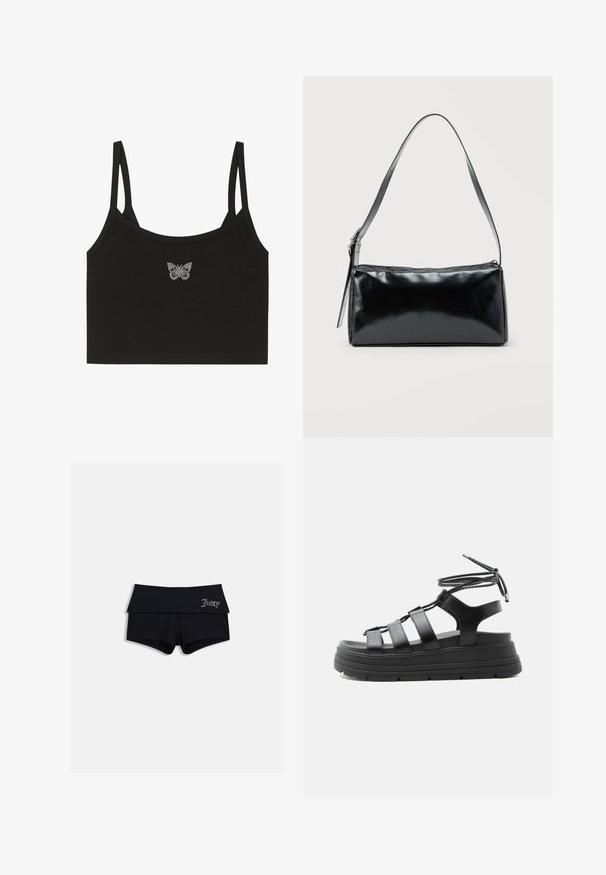 Even&Odd by Zalando Μπλούζα - black; Μαύρο σορτς γυναικών με φαρδιά ζώνη με διπλώματα, στο αριστερό μέρος αναγράφεται «Juicy» με στρας.; Μαύρο σανδάλι πλατφόρμα με παχιά σόλα, πολλαπλές οριζόντιες λουριά και δέσιμο γύρω από τον αστράγαλο, σε απλό ανοιχτό φόντο.; Μαύρη ορθογώνια τσάντα ώμου με έναν ρυθμιζόμενο ιμάντα και κλείσιμο με φερμουάρ στην κορυφή σε μονόχρωμο φόντο.
