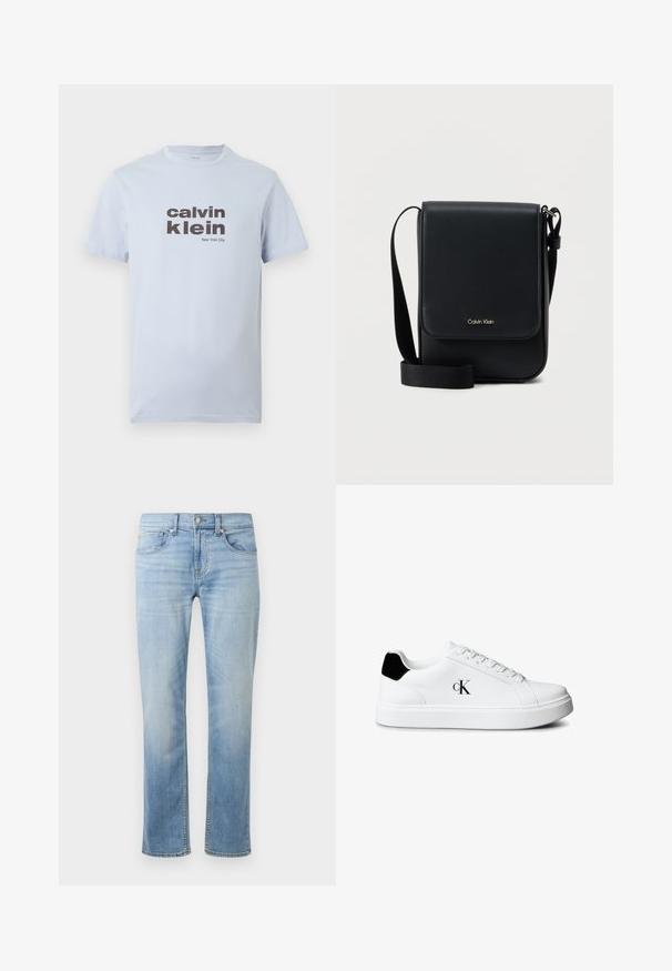 Lichtblauw katoenen T-shirt met korte mouwen, met donkerbruine tekst "calvin klein" en "New York City" gedrukt op de voorkant.; Lichtblauwe denim jeans met een rechte pasvorm, vijf zakken, zichtbare stiksels en een vervaagde afwerking nabij de dijen en knieën.; Witte lage sneaker met zwarte hielstrook en "cK"-logo aan de zijkant, voorzien van witte veters en een dikke witte zool.; Zwarte Calvin Klein schoudertas met klep, verstelbare riem en klein gouden logo aan de voorkant, tegen een effen witte achtergrond.