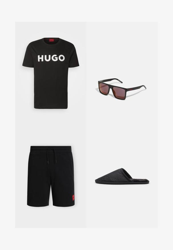 Schwarzes Baumwoll-T-Shirt mit Rundhalsausschnitt und kurzen Ärmeln, verziert mit einem auffälligen weißen "HUGO"-Logo auf der Vorderseite.; Schwarze knielange Shorts mit elastischem Bund und Kordelzug, mit einem kleinen roten rechteckigen Logo-Patch am unteren linken Bein.; BOSS HOME SLIP - Hausschuh - black; Schwarze rechteckige Sonnenbrille mit dunkelroten Gläsern, mit matter Oberfläche und rotem Logo am Bügel. Robuster Kunststoffrahmen.
