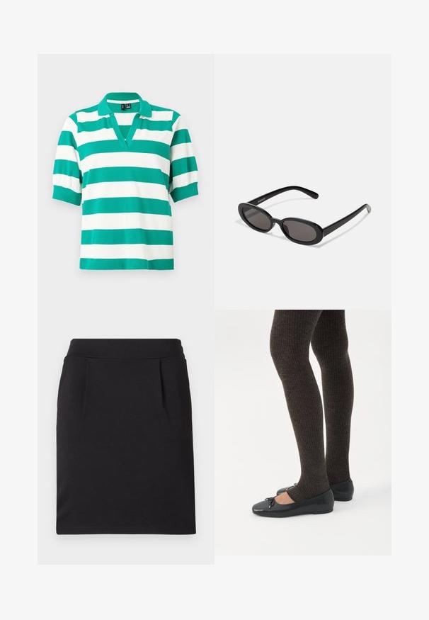 Polo rayé vert et blanc avec des manches courtes bouffantes, un col en V et des poignets côtelés. Fabriqué en tissu doux.; Jupe crayon noire longueur genou avec une large ceinture et de subtils plis devant, faite en tissu lisse.; Jambes portant des leggings côtelés foncés associés à des ballerines noires avec de petits détails en nœud sur fond blanc.; Even&Odd by Zalando Lunettes de soleil - black