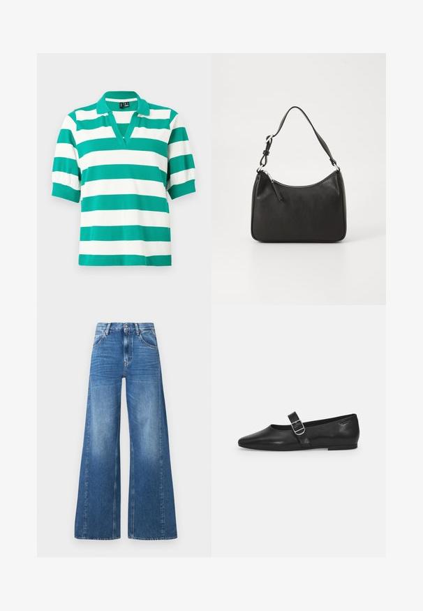 Grøn- og hvidstribet polo shirt med korte puffærmer, V-hals og ribbede manchetter. Lavet af blødt stof.; Bredde ben blå denim jeans med høj talje, der har forlommer og et falmet udseende, lavet af bomuld med en glat tekstur.; Sorte læder flade sko med rund tå, et enkelt justerbart spænde og en glat, blank overflade. Minimalistisk design med en lav hæl.; Sort læderhåndtaske med en buet form, en enkelt rem, lynlås lukning og diskret branding på forsiden. Glat tekstur, minimalistisk design.
