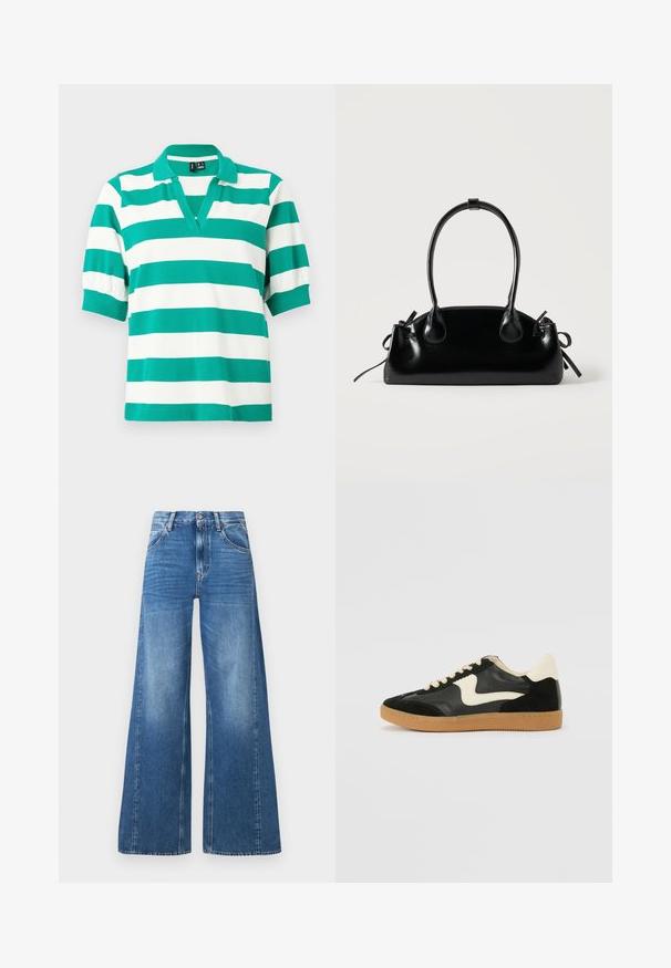 Grøn- og hvidstribet polo shirt med korte puffærmer, V-hals og ribbede manchetter. Lavet af blødt stof.; Bredde ben blå denim jeans med høj talje, der har forlommer og et falmet udseende, lavet af bomuld med en glat tekstur.; Sorte ruskinds- og lædersneakers med en cremefarvet side-swoosh og lys cremefarvet hæl. Har beige snørebånd og en gummirubber-sål.; Lille sort blank håndtaske med to lange håndtag og snøre-detaljer i siden på en ensfarvet lys baggrund.