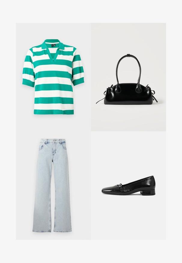 Groen en wit gestreept polo-shirt met korte pofmouwen, een V-halskraag en geribbelde boorden. Gemaakt van zachte stof.; Lichtblauwe wijde jeans van denim, met een hoge taille, riemlussen, vijf zakken en vervaagde gebieden voor een vintage uitstraling.; Zwarte laarzen van gepatenteerd leer met een puntige neus, een lage vierkante hak en een kleine metalen gespdetail op de band. Gladde textuur.; Kleine zwarte glanzende handtas met twee lange hengsels en zijkant trekkoord details op een effen lichte achtergrond.