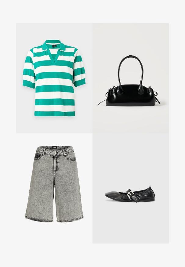 Grøn- og hvidstribet polo shirt med korte puffærmer, V-hals og ribbede manchetter. Lavet af blødt stof.; Denimshorts i falmet sort med løs pasform, der har høj talje, fem-lomme design og synlige syninger.; Sorte læder flade sko med spids tå, samling detaljer omkring åbningen, og en sølv spænde accent på den justerbare rem.; Lille sort blank håndtaske med to lange håndtag og snøre-detaljer i siden på en ensfarvet lys baggrund.
