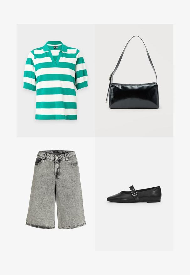 Grün-weißer Poloshirt mit kurzen Puffärmeln, einem V-Ausschnitt und gerippten Bündchen. Aus weichem Stoff gefertigt.; Jeansshorts in ausgebleichtem Schwarz mit lockerer Passform, hoher Taille, Fünf-Taschen-Design und sichtbaren Nähte.; Schwarzer Lederflatschuh mit runder Zehenform, einem verstellbaren Schnallenriemen und einer glatten, glänzenden Oberfläche. Minimalistisches Design mit einem niedrigen Absatz.; Schwarze rechteckige Schultertasche mit einem verstellbaren Riemen und einem oberen Reißverschluss vor einfachem Hintergrund.