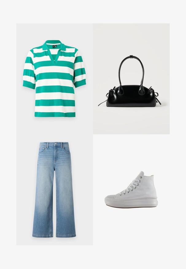Grün-weißer Poloshirt mit kurzen Puffärmeln, einem V-Ausschnitt und gerippten Bündchen. Aus weichem Stoff gefertigt.; Helles, blaues Denim-Hos mit weitem Bein, hohem Bund, fünf Taschen, sichtbaren Nähten und einem Knopfverschluss vorne.; Weißer High-Top-Canvas-Sneaker mit weißen Schnürsenkeln, metallischen Ösen, dicker Gummisohle und strukturierter Zehenkappe, nach links auf weißem Hintergrund ausgerichtet.; Kleine schwarze glänzende Handtasche mit zwei langen Griffen und seitlichen Kordelzug-Details vor einfachem hellem Hintergrund.