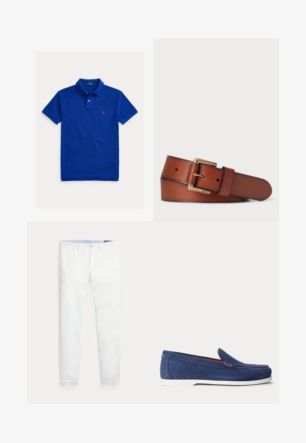 Blauw polohemd met korte mouwen, kraag, knoopsluiting met twee knopen en klein rood geborduurd logo op de linkerborst.; Witte katoenen chino's met een slim fit, voorzien van een enkele gouden knoopsluiting en een lichtblauwe binnenband. Gladde textuur zonder patronen.; Blauwe suède loafer met witte zool en beige stiksels langs de bovenrand, afgebeeld tegen een effen witte achtergrond.; Leren riem in rijk bruin met een gladde textuur. Voorzien van een gouden metalen gesp en een geperst logo detail. Meerdere maatgaten aanwezig.
