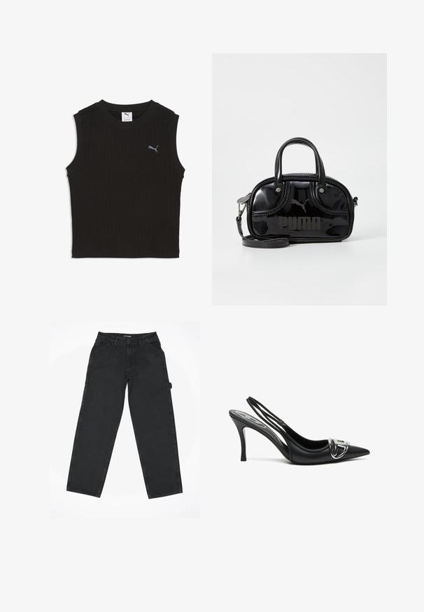 Schwarzes ärmelloses, geripptes Crop-Top mit rundem Ausschnitt und kleinem grauem Puma-Logo auf der linken Brust.; Schwarze Jeans mit geradem Bein, ausgestattet mit seitlichen Taschen, Gürtelschlaufen und einem Knopfverschluss. Glatte Textur, keine sichtbaren Muster.; Schwarze Slingback-Pumps mit spitzem Vorderteil, ausgestattet mit einem glänzenden silbernen Schnallendetail und einem schlanken Absatz. Glattes Lederoberfläche, minimalistische Gestaltung.; Schwarze Lacklederhandtasche mit doppelten Griffen oben, abnehmbarem Schulterriemen, runder Form und hervorgehobenem geprägten "PUMA"-Logo.