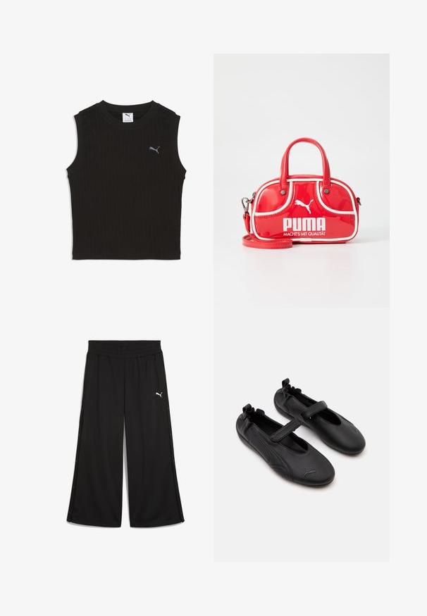 Haut court noir sans manches en maille côtelée avec col rond et petit logo Puma gris sur le côté gauche de la poitrine.; Pantalon de sport noir avec une taille élastique, boutons-pression sur les côtés et logo Puma blanc à l'avant. Fabriqué en tissu léger.; Paire de chaussures en cuir noir style Mary Jane avec arrière élastiqué et bride velcro, avec un logo Puma discret sur chaque orteil.; Mini sac à main en cuir verni rouge avec des accents blancs, de forme arrondie, double anses, bandoulière amovible et logo PUMA bien visible.