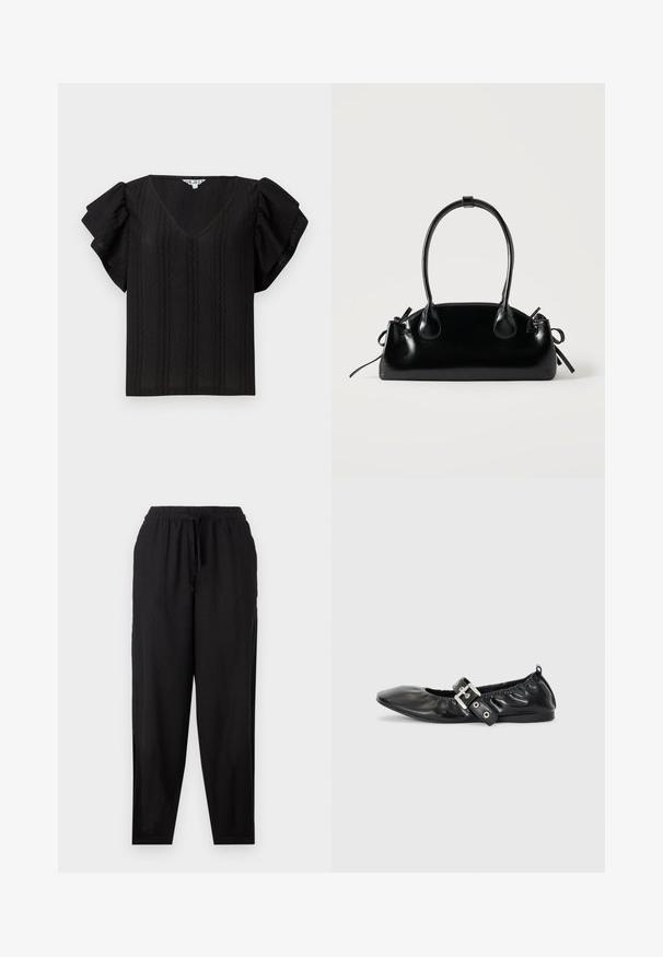 Top negro con escote en V, mangas cortas con volantes y rayas verticales texturizadas. Confeccionado en tela ligera. Diseño simple y de corte holgado.; Pantalones de tela negra ligera con cinturilla elástica, detalle de cordón y piernas ajustadas. Textura suave; diseño minimalista.; Zapato plano de piel negra con puntera afilada, detalle fruncido alrededor de la abertura y un acento de hebilla plateada en la correa ajustable.; Pequeño bolso negro brillante con dos asas largas y detalles de cordón lateral sobre un fondo claro liso.