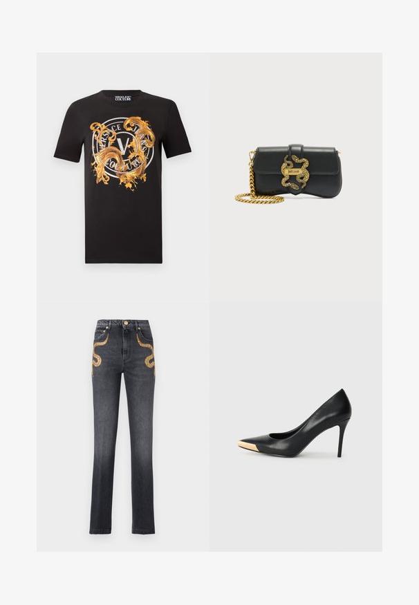 Čierne tričko s krátkym rukávom so zlatým zdobeným vzorom špirál a kruhovým logom s nápisom "Versace Jeans Couture" na hrudi.; Čierne džínsy s vysokým pásom a rovnými nohavicami, s dizajnom zlatých hadích flitrov na predných vreckách a zlatým zapínaním na gombík.; Čierny kožený lodičkový topánok na vysokom opätku s špicatou špičkou; zdobený kovovým zlatým akcentom na špičke. Hladký povrch s elegantným dizajnom.; Čierna kožená kabelka na rameno so zlatým retiazkovým popruhom a ozdobnou zlatou prackou v tvare hada s logom "Just Cavalli".