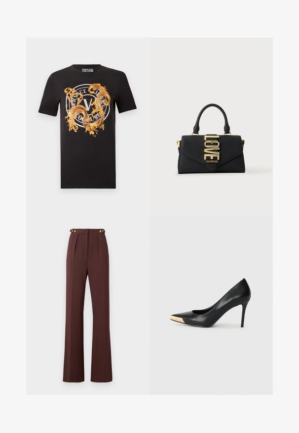 Sort kortærmet t-shirt med gyldent, indviklet swirl-design og rundt logo med teksten "Versace Jeans Couture" henover brystet.; Høj talje brune bukser med viddegab, fortil læg og guldknapdetaljer på justerbare taljebånd.; Sort læder stiletter med spids tå; har et metalisk guldakcent på tåkapperne. Glat overflade med et strømlinet design.; Sort håndtaske med enkelt håndtag, guldlås med ordet LOVE og "Love Moschino" branding på frontklappen.