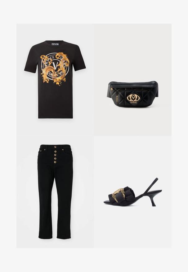 T-shirt noir à manches courtes avec un motif orné d'un tourbillon doré et un logo circulaire portant l'inscription "Versace Jeans Couture" sur la poitrine.; Jean en denim noir avec une coupe ajustée, présentant une taille haute et une fermeture à cinq boutons. Comprend deux poches avant et des garnitures en métal doré.; Escarpin noir à talon kitten avec bride arrière froncée et détail de boucle ornée en or sur fond blanc.; Sac banane en cuir matelassé noir avec plaque logo Love Moschino dorée et poche zippée à l'avant sur fond blanc.