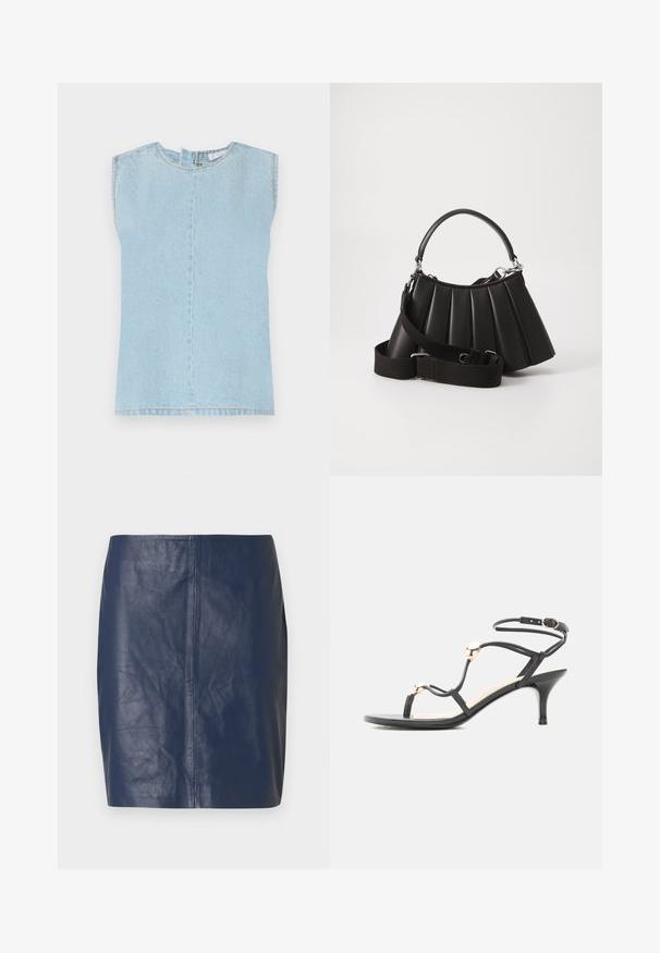 Lichtblauwe denim top zonder mouwen met een ronde hals, rechte snit en een middennaad. De stof heeft een subtiele textuur en een casual afwerking.; Minirok van navyblauw leer met een gladde textuur, rechte snit en minimale stikdetails aan de zijkanten.; Zwarte sandaal met bandjes en een middenhoge hak, gouden accentkralen en enkelbandje met gesp op een witte achtergrond.; Zwarte geplooide handtas met een ronde handgreep, verstelbare schouderriem en glanzende textuur. Heeft zilveren hardware en een gestructureerde silhoutte.