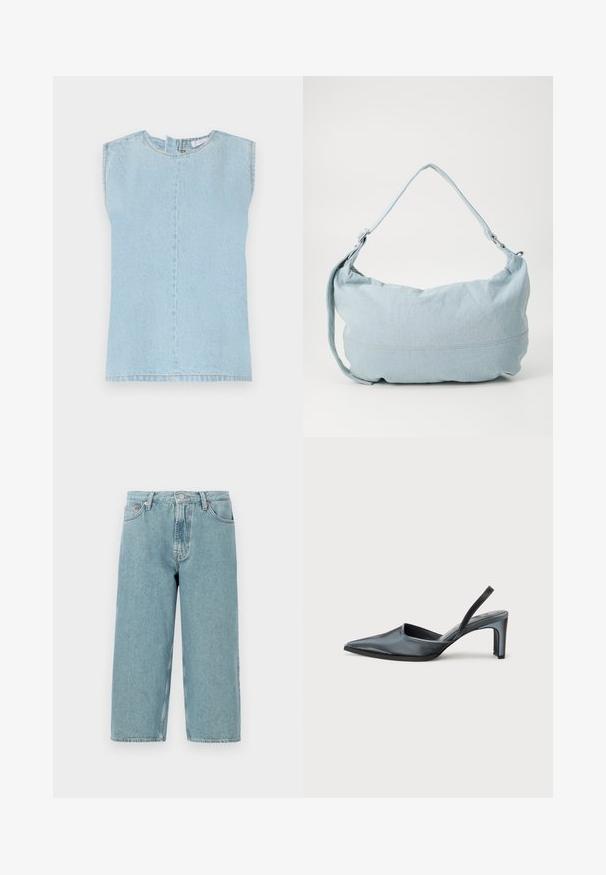 Lichtblauwe denim top zonder mouwen met een ronde hals, rechte snit en een middennaad. De stof heeft een subtiele textuur en een casual afwerking.; Lichtblauwe denimshorts met een hoge taille, rechte snit en rauwe zoom. Voorzien van een klassieke knoop- en ritsluiting en vier zakken.; Zwarte slingback hak met een puntige neus, een gladde satijnen afwerking en een slanke hak van 7,5 cm. Open zijkantontwerp met minimale stikdetails.; Lichtblauwe denim schoudertas met een ronde vorm, verstelbare schouderband en subtiele stiksels langs de onderrand. Zachte textuur.