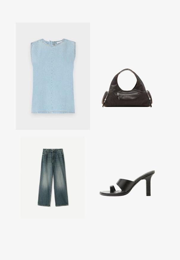 Lyseblå denim uden ærmer med en rund halsudskæring, lige snit og en midtersøm. Stofret har en subtil tekstur og en afslappet finish.; Bredde ben denim jeans i falmet blå vask, med fem lommer, knaplukning og subtile slidser foran.; Sort højhælet sandal med bred rem over foden og en tåloop, vist fra siden på en hvid baggrund.; Sort læderhåndtaske med et rundt øverste håndtag, to sidelommer med lynlåse og glat tekstur. Let slap design.