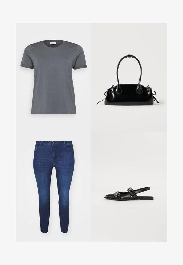Graues kurzärmliges T-Shirt aus weichem Material mit klassischem Rundhalsausschnitt und aufgerollten Ärmeln. Glatte Textur ohne sichtbare Muster.; Dunkelblaue Slim-Fit-Jeans aus Denim mit einem Frontknopf und Taschen, von der Front gegen einen weißen Hintergrund gezeigt.; Even&Odd by Zalando Sling-Ballerina - black; Kleine schwarze glänzende Handtasche mit zwei langen Griffen und seitlichen Kordelzug-Details vor einfachem hellem Hintergrund.