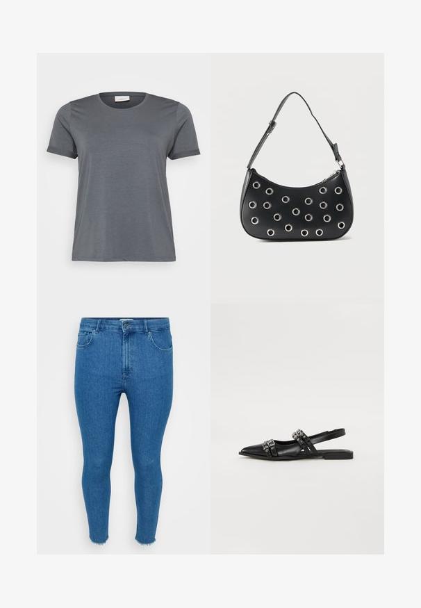 Grå kortærmet T-shirt lavet af blødt stof, med en klassisk rund halsudskæring og oprullede ærmer. Glat tekstur uden synlige mønstre.; Smal blå denimjeans med høj talje, fem-lommer-design og rå kant. Materialet ser glat ud med let falmning på lårene.; Even&Odd by Zalando Slingback-ballerinasko - black; Sort læder skuldertaske med justerbar rem, dekoreret med sølvfarvede metalnitter og lukning med øverste lynlås.