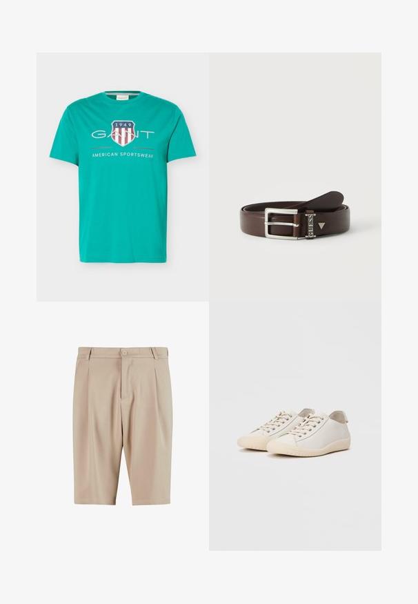 T-shirt turquoise à manches courtes et col rond avec le logo GANT, un blason, "1949" et le texte "American Sportswear" sur le devant.; Shorts beige ajustés avec plis, dotés d'une fermeture à bouton et d'un design classique. Texture lisse, coupe longueur genou, sans poches visibles.; Baskets blanches en cuir lisse avec des coutures ton sur ton, fermeture à lacets, bout arrondi et semelle en caoutchouc texturée.; Ceinture en cuir marron foncé avec boucle rectangulaire argentée et petite plaque métallique gravée du nom de la marque "GUESS".