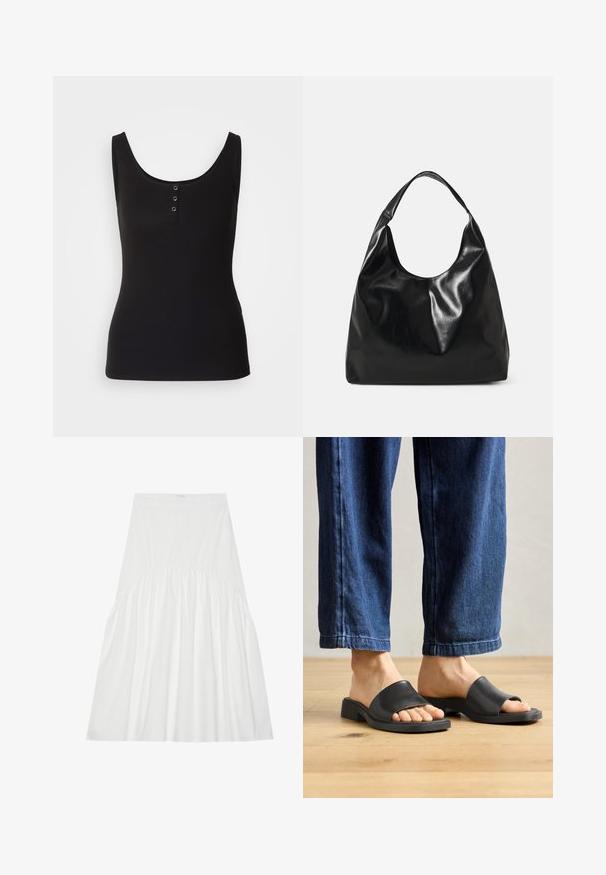 Zwarte tanktop van ribbelstof, met een ronde hals en drie metalen drukknoopjes aan de voorkant. Glad textuur, aansluitende pasvorm.; Witte, knie-lange rok van katoen. Heeft eenGathered detail bij de taille, een gladde textuur en een eenvoudige, klassieke A-lijn silhouet.; Zwarte instapsandalen van glad materiaal, met een open teen en een brede bovenband, geplaatst tegen donkere denimspijkerbroeken met een rechte pasvorm.; Zwarte leren hobo tas met een zachte, glanzende textuur en een ronde, open bovenkant. Voorzien van een brede, gebogen schouderband om te dragen. Geen zichtbare hardware.