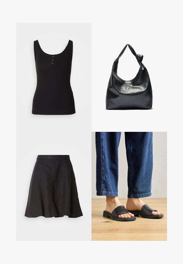 Zwarte tanktop van ribbelstof, met een ronde hals en drie metalen drukknoopjes aan de voorkant. Glad textuur, aansluitende pasvorm.; Zwarte linnen rok met een uitlopende ontwerp, voorzien van een tailleband en naden. De stof heeft een licht gestructureerde afwerking en valt tot op de knie.; Zwarte instapsandalen van glad materiaal, met een open teen en een brede bovenband, geplaatst tegen donkere denimspijkerbroeken met een rechte pasvorm.; Zwarte geweven lederen handtas met een slouchy ontwerp, voorzien van een geknoopte schouderband en een kleine decoratieve gouden stud aan de bovenkant.
