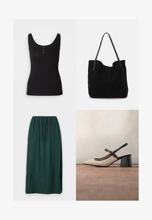Sort tanktop lavet af ribbet stof, med en rund halsudskæring og tre metal snapknapper ned foran. Glat tekstur, tætsiddende form.; Lang, mørkegrøn nederdel lavet af glat stof, med en elastisk talje og snøre, samt en sideslids for øget bevægelse.; Beige høje hæle slingback-sko med spids tå, sort kant og spænde detalje. Glat materiale med mat finish, mellemstor blokhæl.; Sort ruskinds totemed med to lange, flade læderremme. Har en buet topkant og synlige stikninger langs forsiden. Ingen hardware-dekorationer.