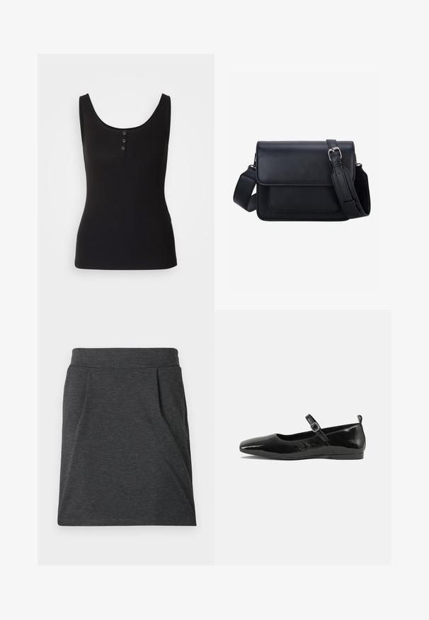 Sort tanktop lavet af ribbet stof, med en rund halsudskæring og tre metal snapknapper ned foran. Glat tekstur, tætsiddende form.; Mørkegrå stofnederdel med en tætsiddende talje, prydet med plisseringer for ekstra tekstur. Lige snitdesign, minimalt syninger og ingen mønstre.; Sorte patentlæder flade sko med spidse tæer, en ankelrem med spænde og en glat, blank tekstur. Lav hæl for komfort.; Sort rektangulær skuldertaske i læder med justerbar rem og sølvspænde på ens hvid baggrund.