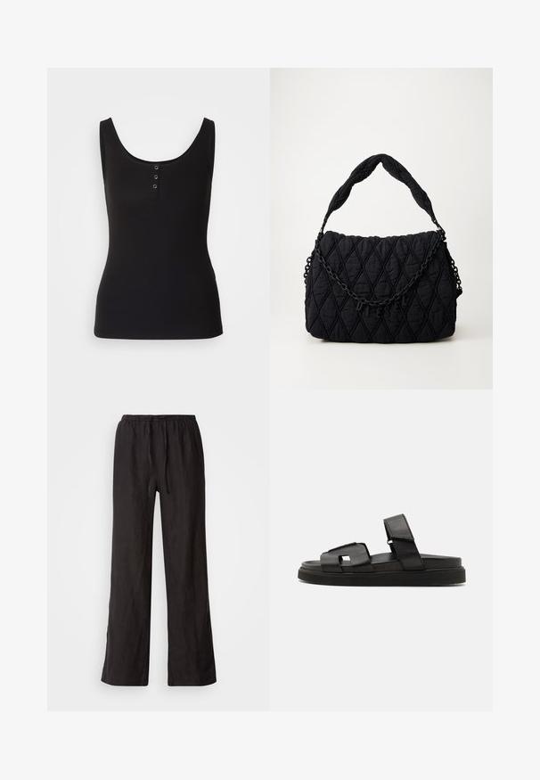 Débardeur noir en tissu côtelé, avec une encolure dégagée et trois boutons-pression en métal sur le devant. Texture lisse, forme ajustée.; Pantalons noirs amples avec une taille élastique et un cordon de serrage. Fabriqués dans un tissu léger avec une texture lisse et des jambes droites.; Sandales slide en cuir noir avec une large bande design à découpes géométriques et une finition texturée, complétées par une semelle en caoutchouc épaisse.; Sac à épaule noir matelassé avec une poignée rembourrée et une chaîne décorative présentant les lettres "DIESEL" sur le rabat avant.