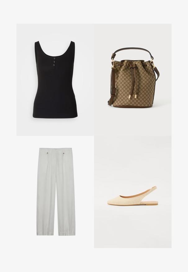 Zwarte tanktop van ribbelstof, met een ronde hals en drie metalen drukknoopjes aan de voorkant. Glad textuur, aansluitende pasvorm.; Lichtgrijze, wijde pantalon gemaakt van een zachte stof. Heeft twee voorplooien, twee knoopsluitingen en een gladde textuur.; Beige slingback flats met een puntige neus, gemaakt van textuurstof, met een lage, flexibele zool en een open hielontwerp.; Bruine, met patroon gemaakte bucketbag met trekkoordsluiting, enkele bovenhandgreep en verstelbare schouderriem met gouden beslag.