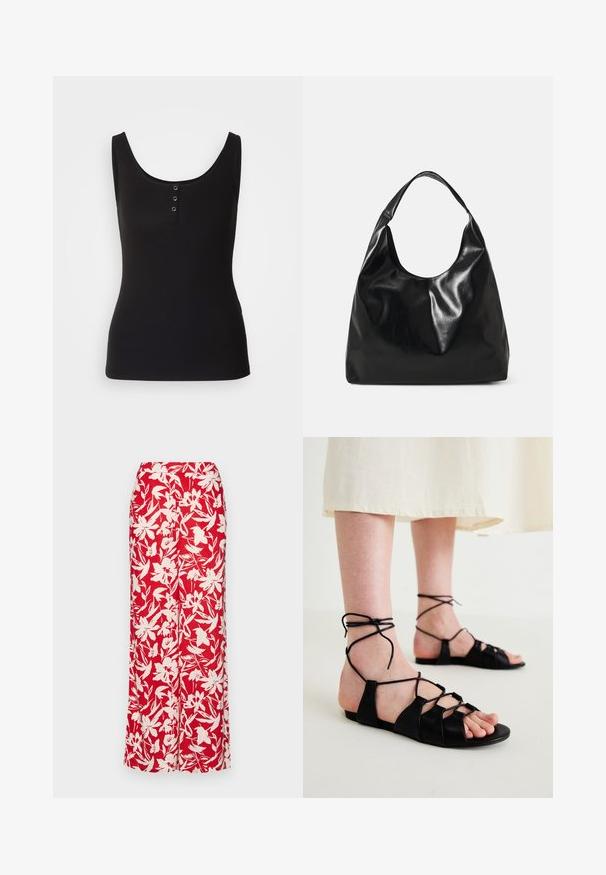 Débardeur noir en tissu côtelé, avec une encolure dégagée et trois boutons-pression en métal sur le devant. Texture lisse, forme ajustée.; Jupe maxi florale rouge en tissu léger. Caractéristiques de grands motifs de fleurs blanches et d'une taille ajustée, offrant une silhouette droite.; Sandales plates en cuir noir avec un design entrecroisé et des liens à la cheville, présentant une texture lisse et un style ouvert aux orteils.; Sac hobo en cuir noir avec une texture douce et brillante et un haut ouvert arrondi. Dispose d'une large sangle courbée pour le transport. Pas de matériel visible.