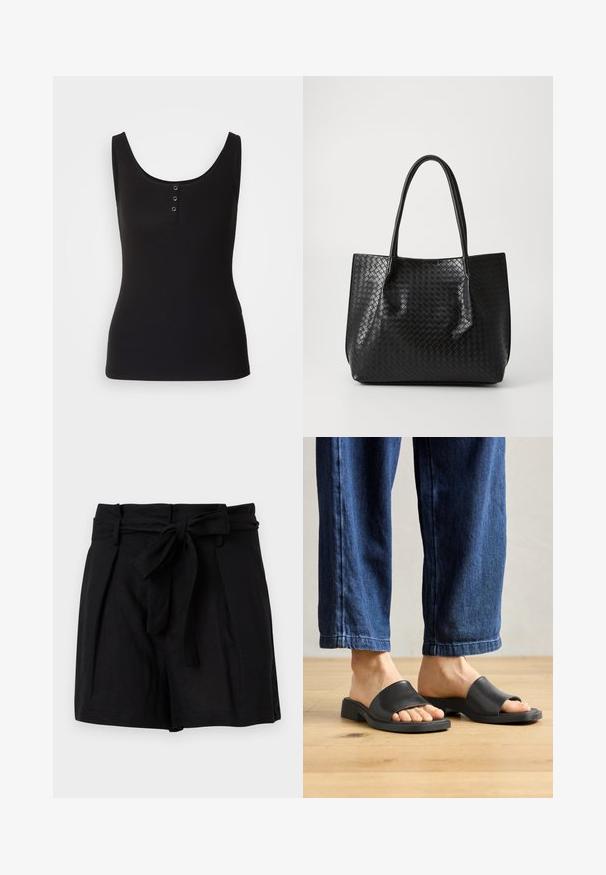 Sort tanktop lavet af ribbet stof, med en rund halsudskæring og tre metal snapknapper ned foran. Glat tekstur, tætsiddende form.; Sorte shorts med høj talje og et stofbælte bundet i en sløjfe foran samt sidelommer, vist mod en hvid baggrund.; Sorte slip-on sandaler lavet af glat materiale, med åben tå og en bred toprem, sat mod mørk denim bukser med lige pasform.; Sort vævet læder tote bag med to håndtag, struktureret form og subtil glansfinish på en ensfarvet lys baggrund.