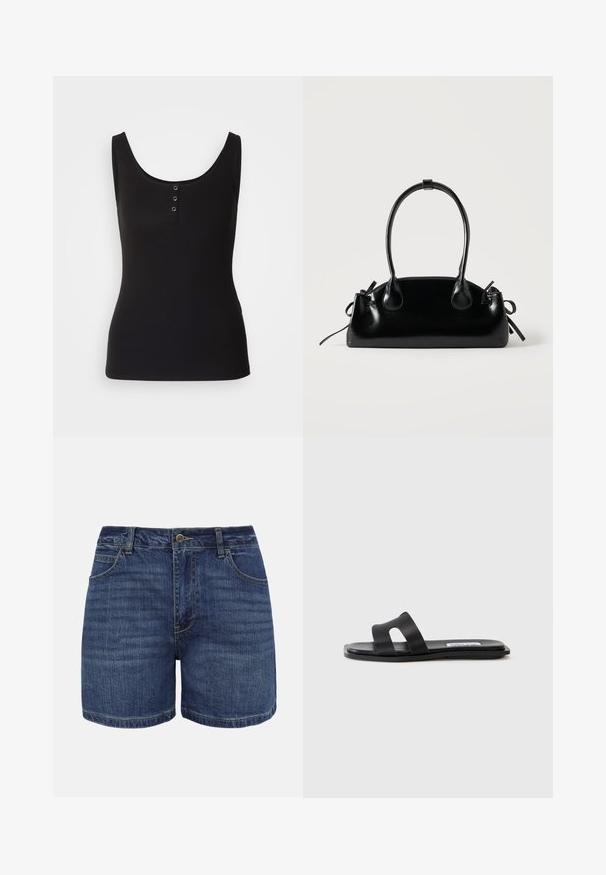 Débardeur noir en tissu côtelé, avec une encolure dégagée et trois boutons-pression en métal sur le devant. Texture lisse, forme ajustée.; Shorts en denim bleu foncé avec bouton frontal, fermeture éclair, passants pour ceinture et poches avant, présentés sur un fond blanc.; Sandale plate noire avec deux larges brides, un détail découpé sur une des brides et une finition lisse mate. Semelle fine et flexible.; Petit sac à main noir brillant avec deux longues anses et des détails à cordon sur les côtés sur un fond clair uni.