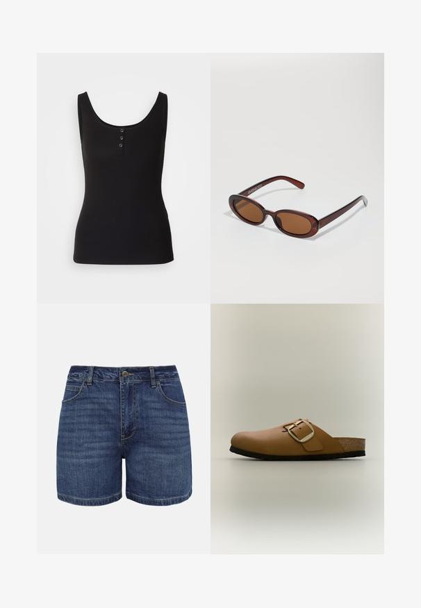 Débardeur noir en tissu côtelé, avec une encolure dégagée et trois boutons-pression en métal sur le devant. Texture lisse, forme ajustée.; Shorts en denim bleu foncé avec bouton frontal, fermeture éclair, passants pour ceinture et poches avant, présentés sur un fond blanc.; Sabot marron à enfiler avec une grande boucle réglable, semelle noire et semelle intérieure en liège, présenté de côté sur fond clair uni.; Lunettes de soleil rondes teinte brun avec une monture bordeaux brillante. Branches fines avec un détail de marque subtil. Design de verres plats.
