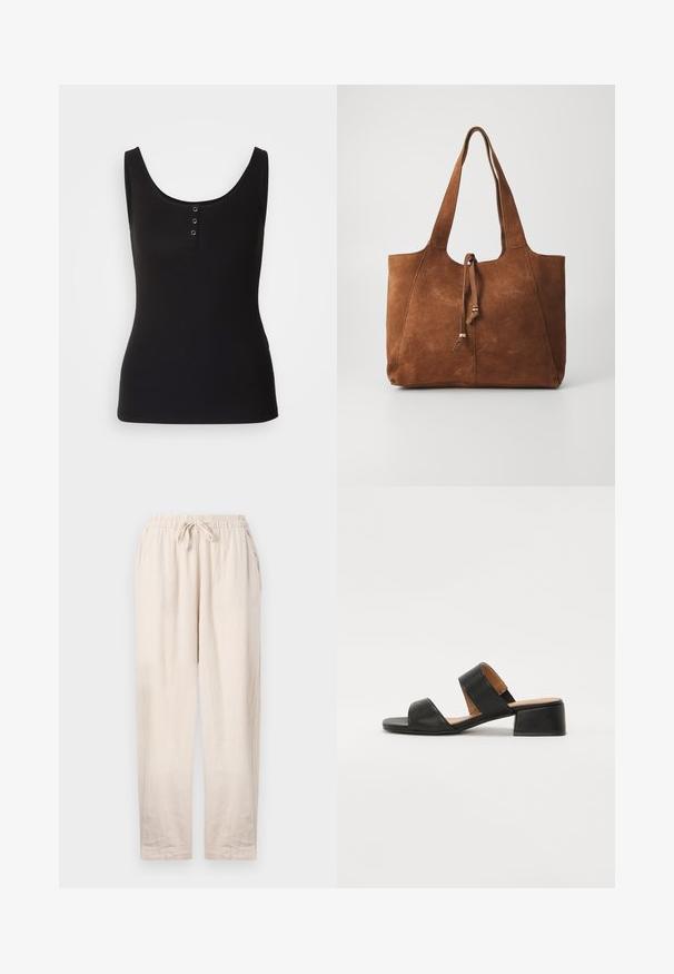 Débardeur noir en tissu côtelé, avec une encolure dégagée et trois boutons-pression en métal sur le devant. Texture lisse, forme ajustée.; Pantalons en lin beige avec une taille élastique et un cordon de serrage. Comprend deux poches latérales et une coupe décontractée avec des jambes droites.; Sandale en cuir noir avec deux larges bandes traversant le pied, un bout carré et un petit talon carré. Texture lisse et design minimal.; Sac fourre-tout en daim marron avec deux longues poignées, fermeture à cordon et texture lisse. Présente un design simple et des accents minimaux.