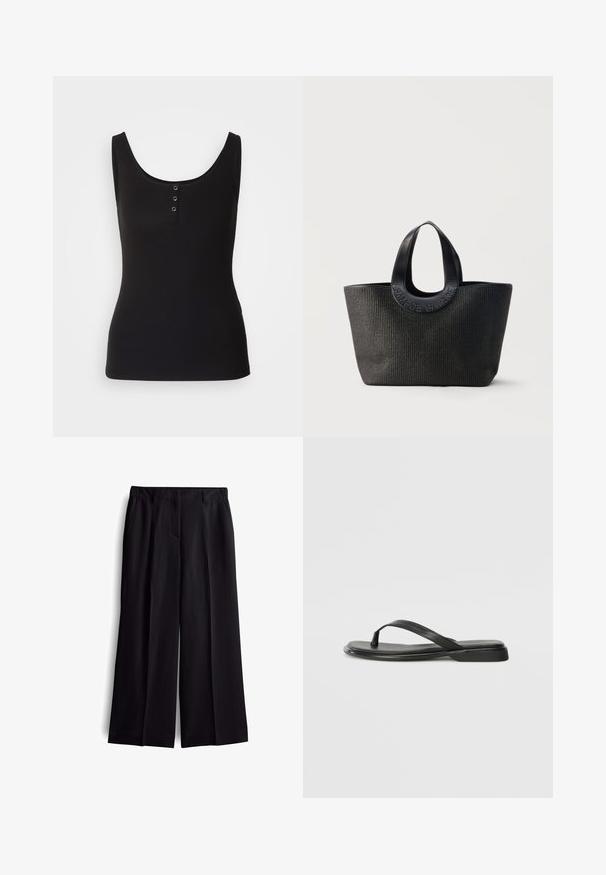 Schwarzes Tanktop aus geripptem Stoff mit Rundhals und drei metallischen Druckknöpfen an der Vorderseite. Glatte Textur, figurbetonte Schnittform.; Schwarze Culottes mit glatter Textur, die über vordere Taschen und ein klares, maßgeschneidertes Design verfügen. Keine sichtbaren Verschlüsse oder Muster.; Schwarze Flip-Flops aus glattem Leder, mit einem dünnen Riemendesign und einer flachen Sohle mit minimalem Profil. Keine bemerkenswerten Muster oder Akzente.; Schwarze strukturierte Tote-Tasche mit breiten, abgerundeten Griffen und dem eingeprägten Markennamen „Samsøe Samsøe“ auf neutralem Hintergrund.